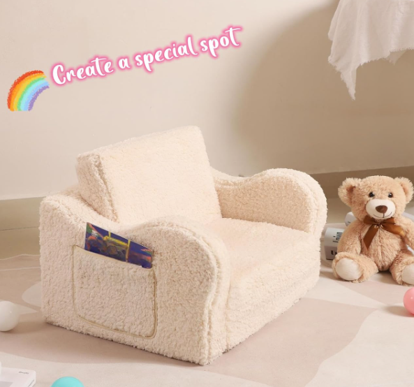Cream-Colored Bouclé 2-In-1 Fold-Out Children's Sofa